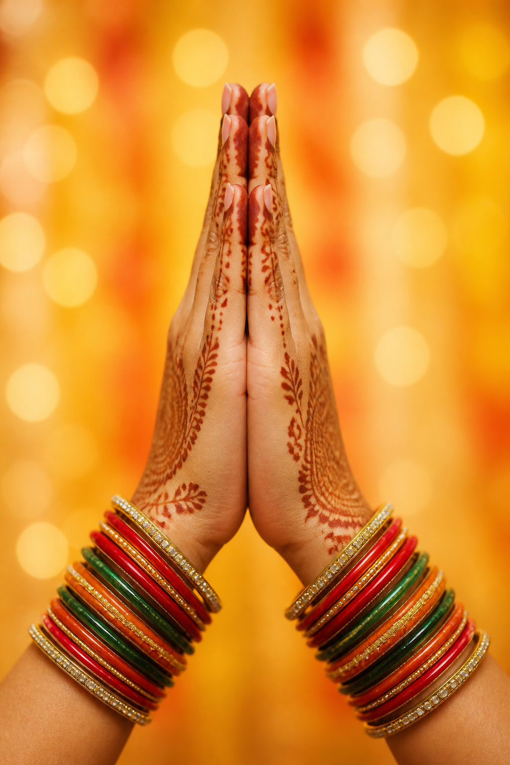 Namaste hands decorated with mehndi and colorful bangles